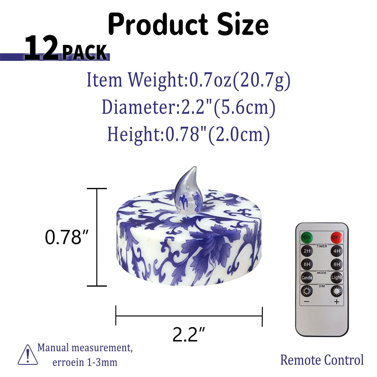 Gedengni Floral Flameless Tealights with Remote - 12 Pack Blue and White LED Tealight Candles Battery Operated Tea Lights Safe Realistic Flickering for Home Decor Wedding Party,TLT12P-BW