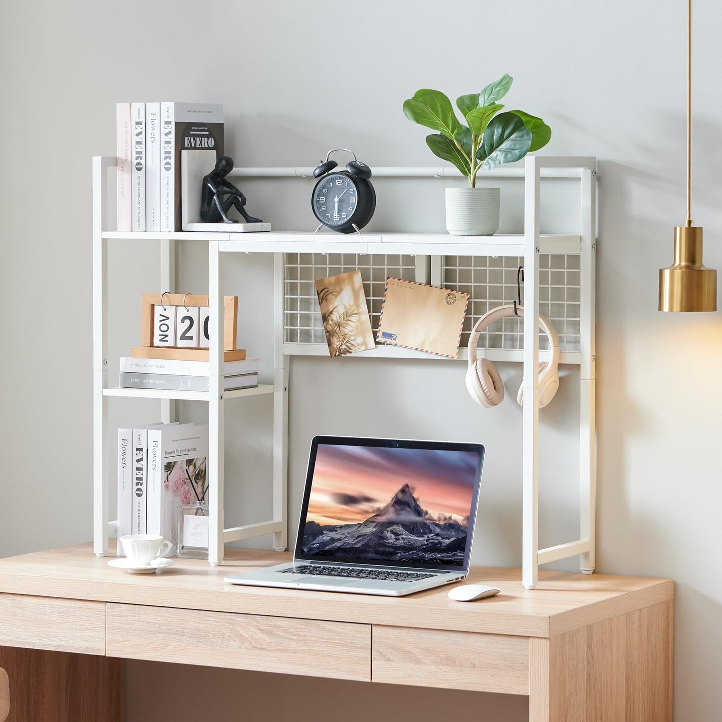 Grecodown 4-Tier Desk Hutch Shelf with Grid Panel, 36” Desktop Bookshelf for Monitor, Office & Home (White, 36")