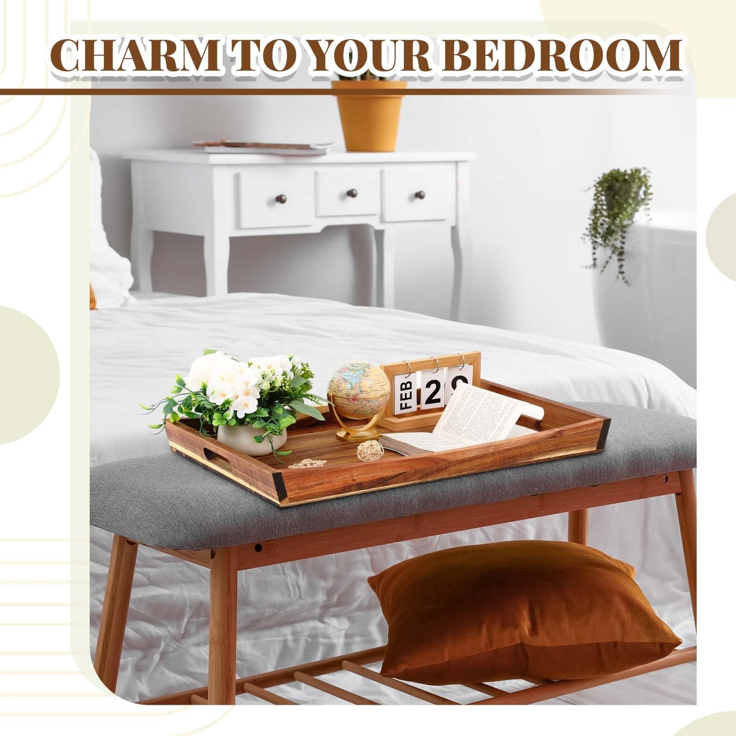 Teenyyou 24 x 16 Inches Large Ottoman Tray Wood Curved Serving Tray with Handles Rectangle Curved Classic Wooden Decorative Serving Platters for Tea Kitchen Food Beverage Fruit Snack