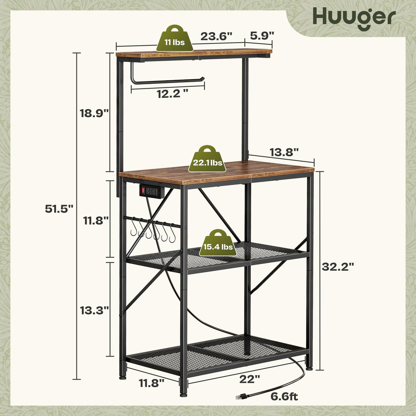 Huuger 4-Tier Bakers Rack with Reversible Power Outlet, 23.6 Inch Microwave Stand, Kitchen Coffee Bar, with Top Shelf, 6 S Hooks, Rustic Brown