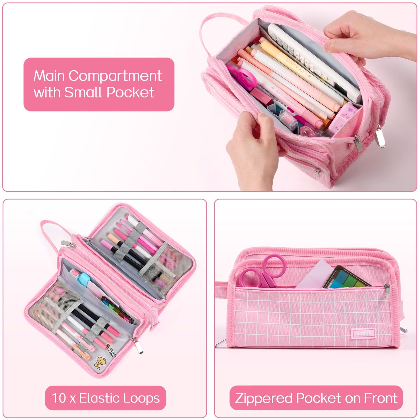 Sooez Large Pencil Case, Big Capacity Pencil Pouch Pen Bag with 3 Compartment, Portable Canvas Stationery Organizer with Zipper, Cute Aesthetic School Supplies for Teen Girls, Army Green with Plaid