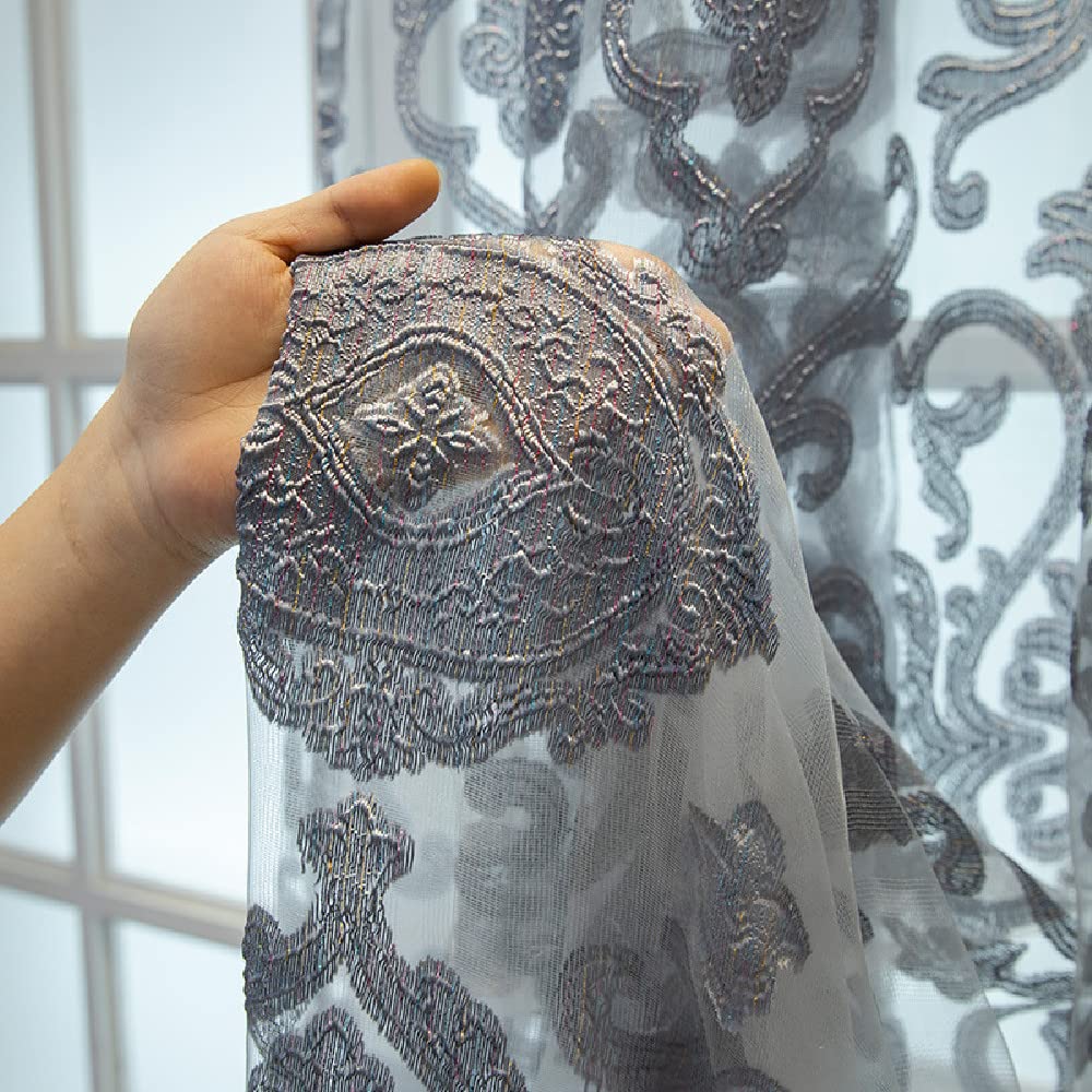 Amidoudou 1 Pair Luxury European Sheer Curtains Hollow Embroidered Tulle Curtains for Bedroom Living Room (Gray,54x96 Inch)