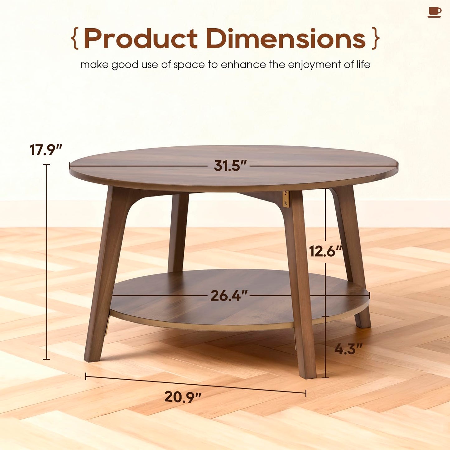 FDW Round Coffee Table with Storage 2-Tier Modern Wood Center Table for Living Room Bedroom or Office Small Space Circle Coffee Table with Sturdy MDF Top & Tapered Legs Easy Assembly,Brown