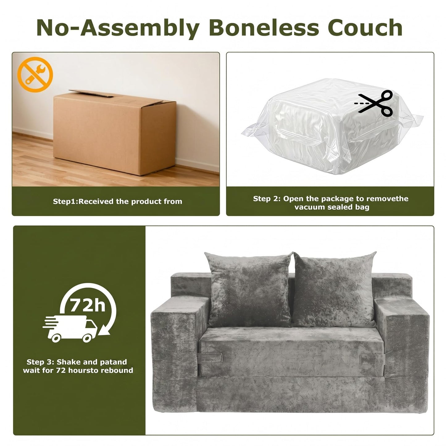 feliz home Boneless Loveseat Couches, Convertible Sofa Bed Folding Couch Bed, Boneless Chair Bed & Futon Sofa Bed, Small Pull Out Couch Foldable with 4 Pillows for Living Room, Light Grey