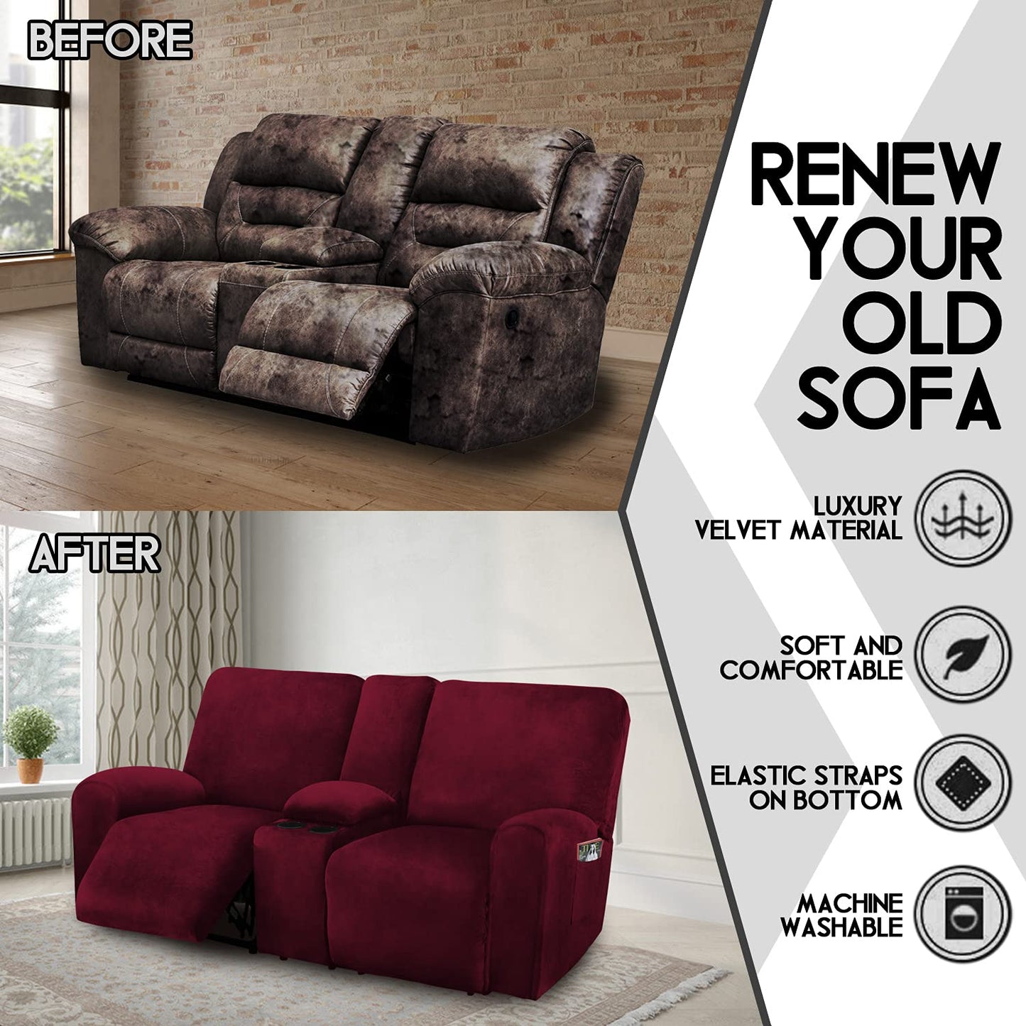 Reclining Love Seat with Middle Console Slipcover, 8-Piece Velvet Stretch Loveseat Reclining Sofa Covers, 2 seat Loveseat Recliner Cover, Thick, Soft, Washable, Loveseat Slipcovers (Burgundy - Wine)