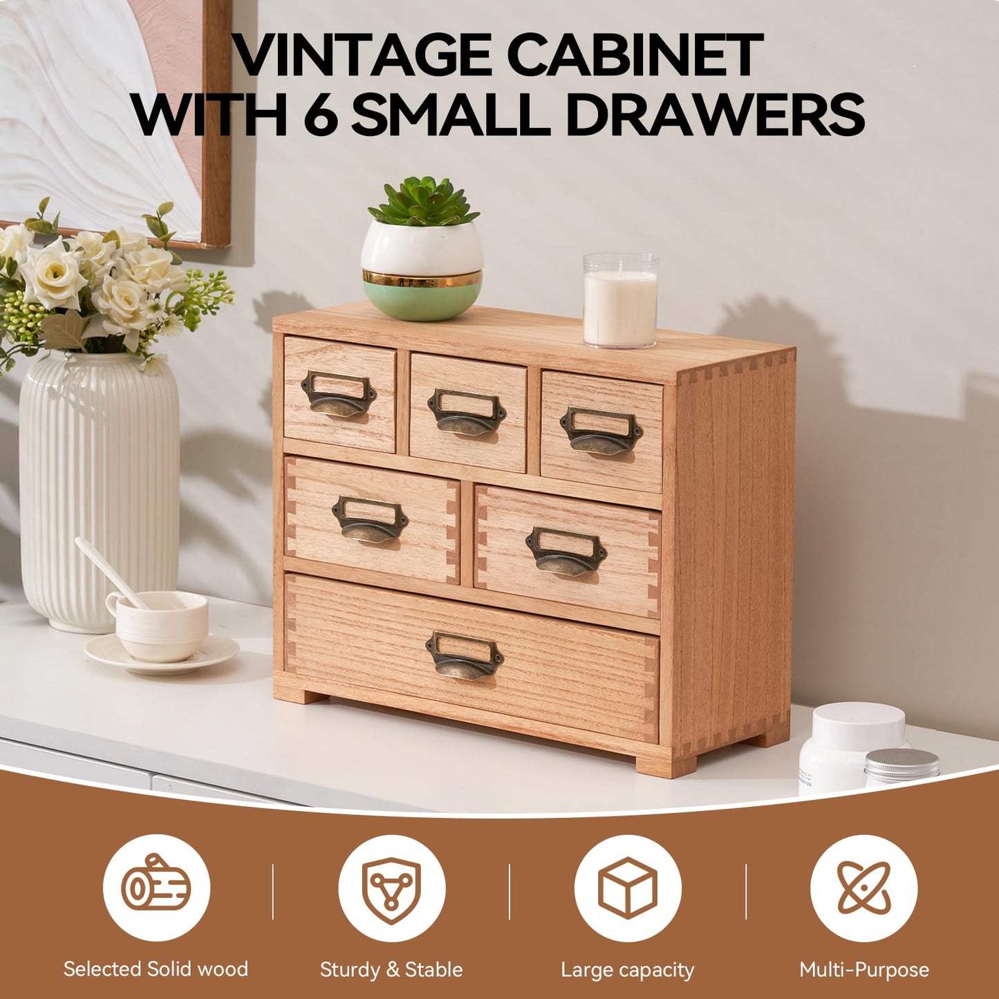 KIRIGEN Wood Desk Drawer Cabinet Organizer, 6-Drawer Mini Storage Chest with Metal Label Holder Handles, Fully Assembled Desktop Organizer for Office Supplies, Crafts, Makeup, Natural 3D6CG-NA