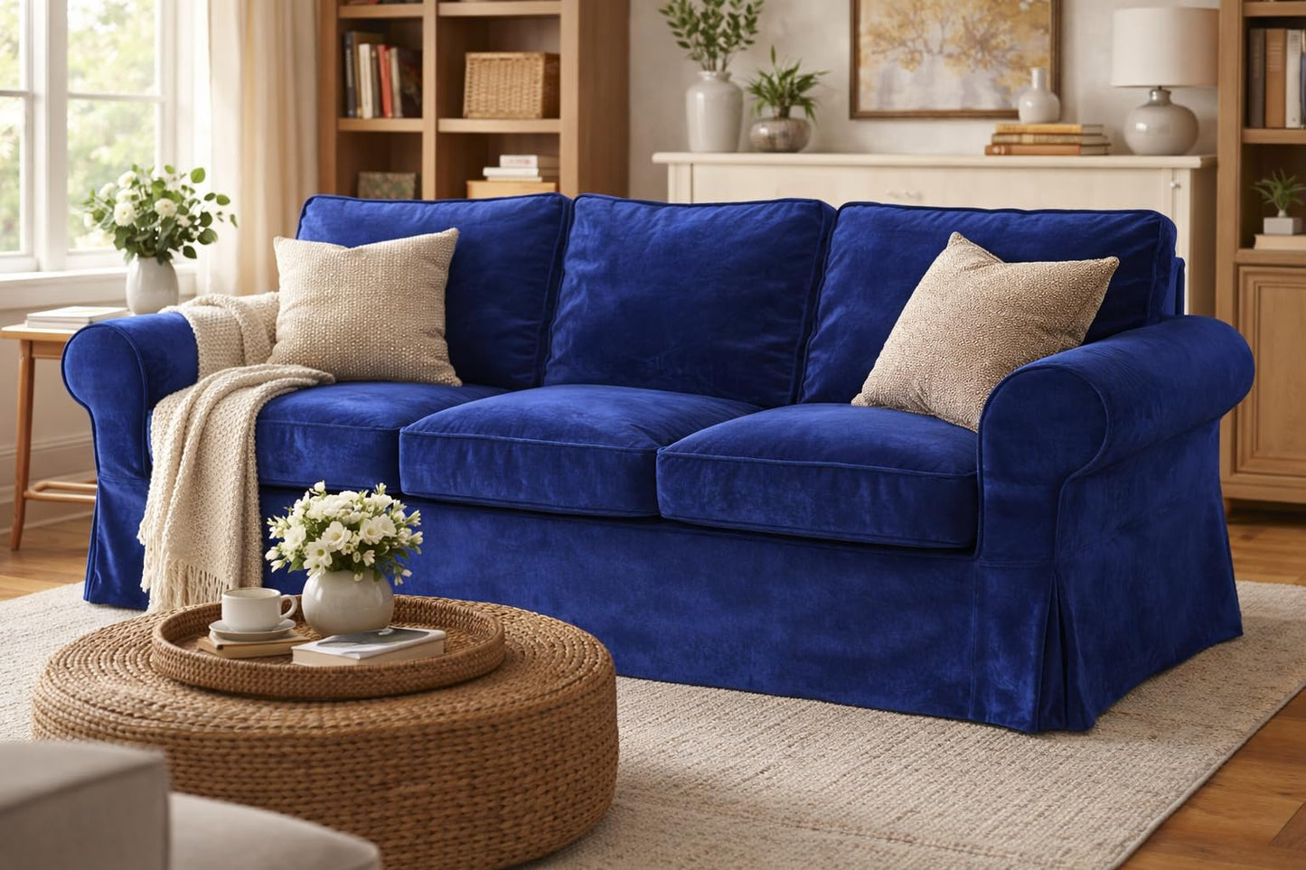 Velvet Pets Friendly Sofa Covers Custom Made Compatible for IKEA Ektorp Three Seat Sofa Slipcovers (Velvet Blue Ektorp 3)