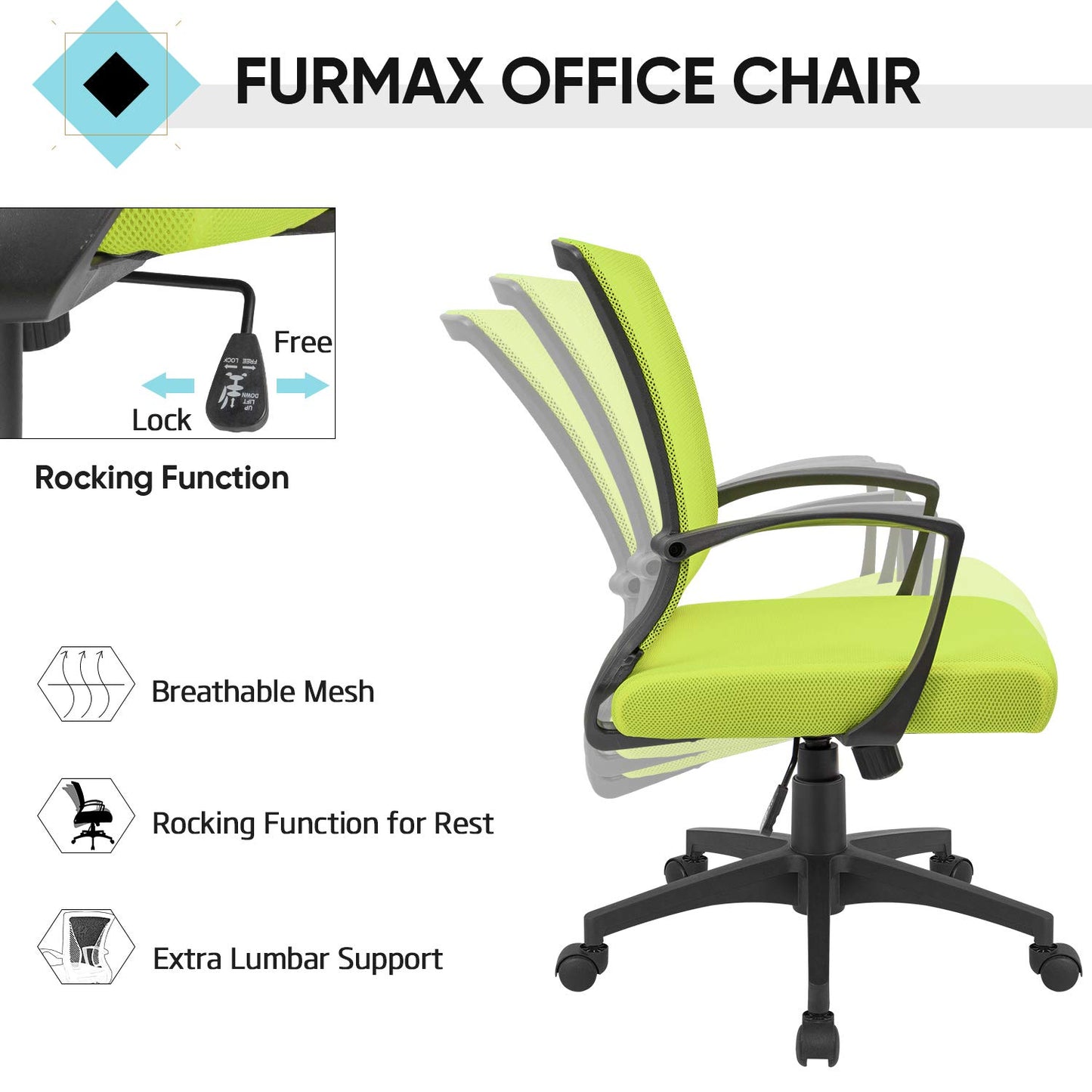Furmax Office Chair Ergonomic Computer Desk Mesh Chair Mid Back Swivel Lumbar Support with Armrest (1, Cyan)