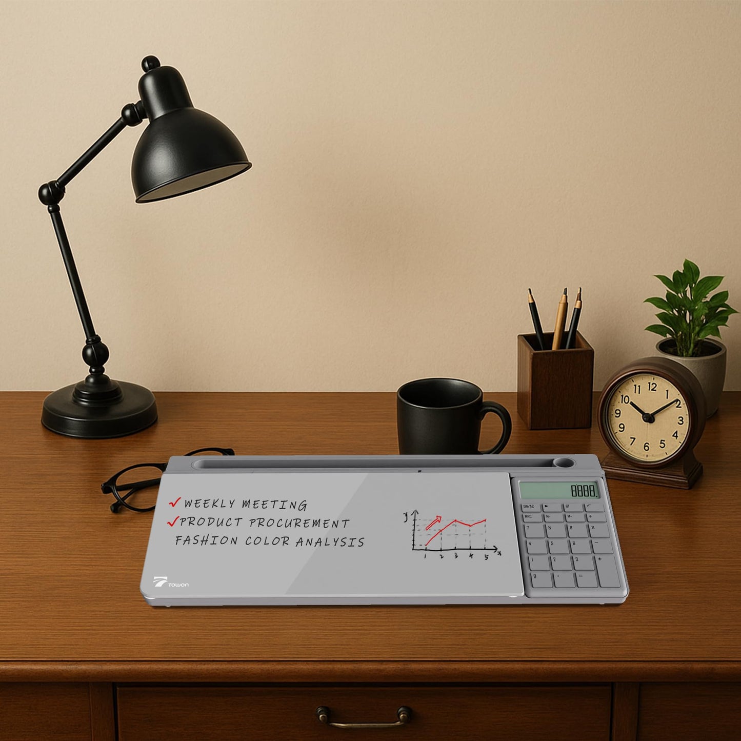 TOWON Desktop Glass Whiteboard with Basic Calculator, 12 Digit LCD Display, Desk Organizers with Accessories for Office, Home, School Supplies, Storage with Dry Erase Board Surface, Gray, 18'' x 6''