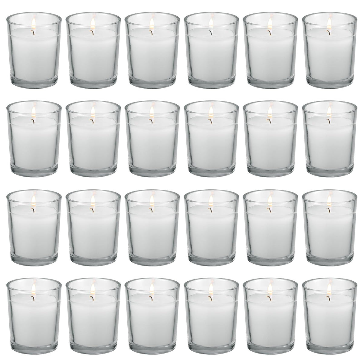 flamecan 24 Pack Clear Glass Filled White Votive Candles. Unscented Votive Candles for Home Décor Spa Weddings Birthdays Holidays Party