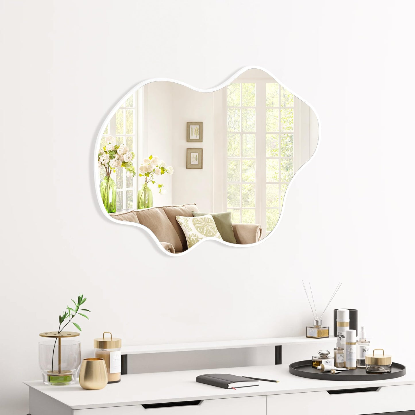 Tanmicoshomy White Irregular Wall Mirror 22x30 Inch, White Framed Cloud Shaped Asymmetrical Wavy Mirror with Tempered Glass for Bathroom Bedroom Cloakroom or Entryway