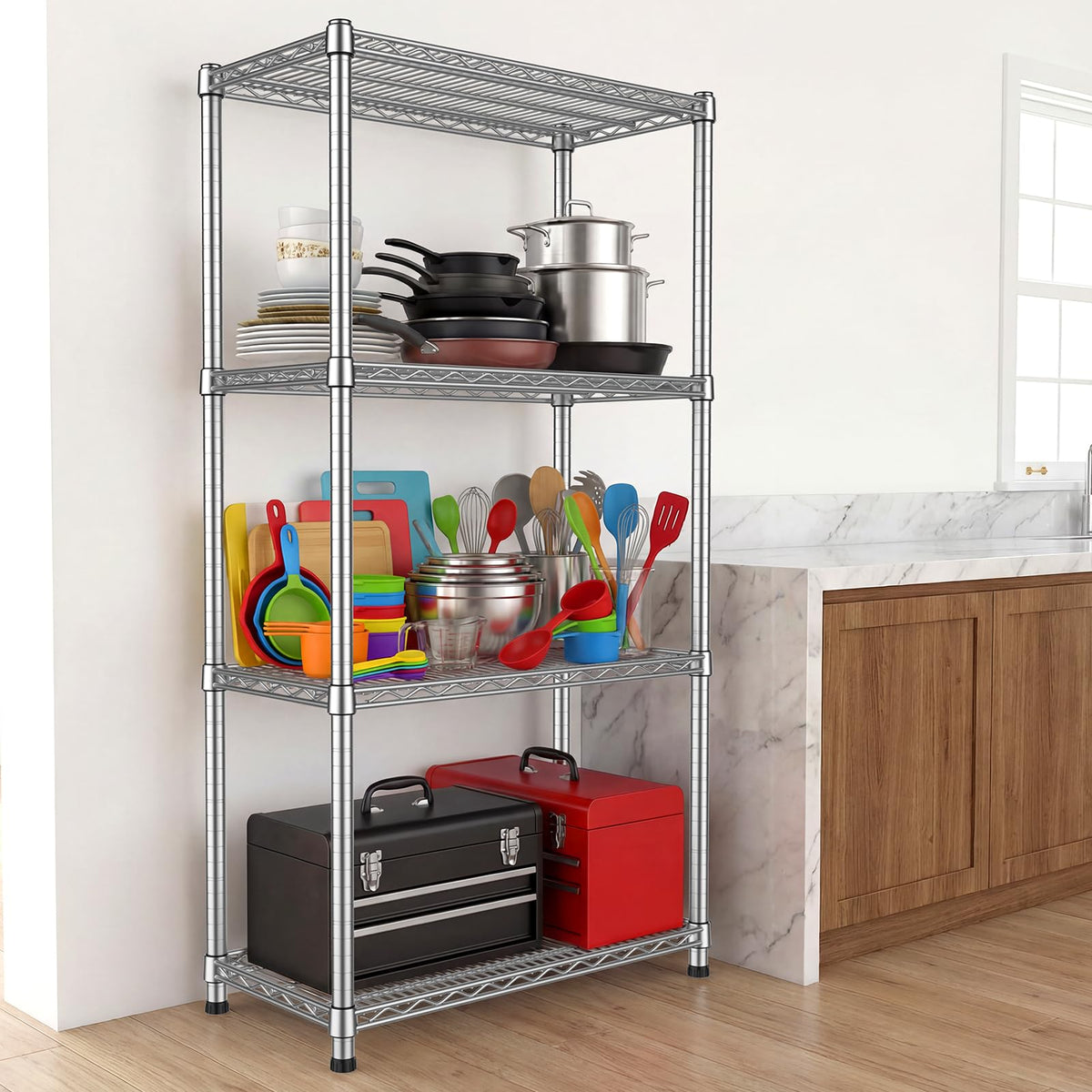 4-shelf Metal Wire Shelving Unit Heavy Duty Storage Shelves Adjustable Steel Shelf Wire Rack 2200LBS Metal Flower Stand Laundry Shelf organization for Garage Pantry Warehouse 13.8"Dx30"Wx59.06"H