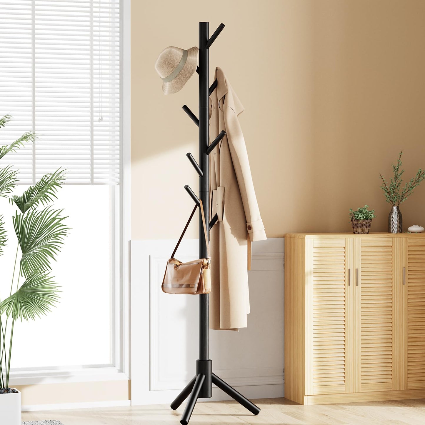 Pipishell Solid Wooden Coat Rack Freestanding, Hall Tree with 8 Hooks, 3 Height Options for Coats, Hats, Handbags, and Scarves, Tool-Free Assembly, Space Saving Design for Entryway, Office, Bedroom