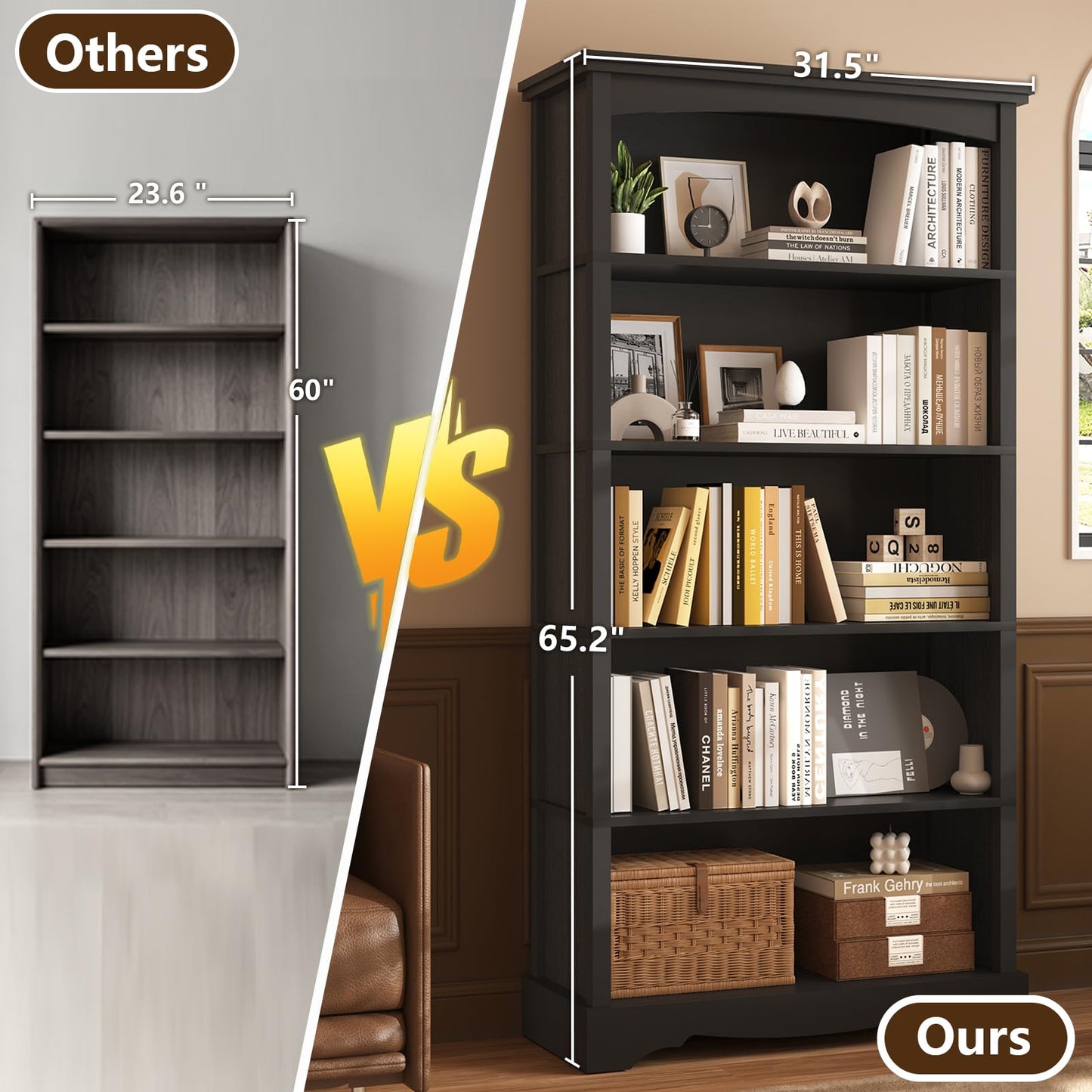 TVU 5-Tier Wooden Bookshelf, 65" Tall Farmhouse Style Open Bookcase, 31.5" W Standing Book Shelf with Storage, Suitable for Study, Living Room, Office, Blcak