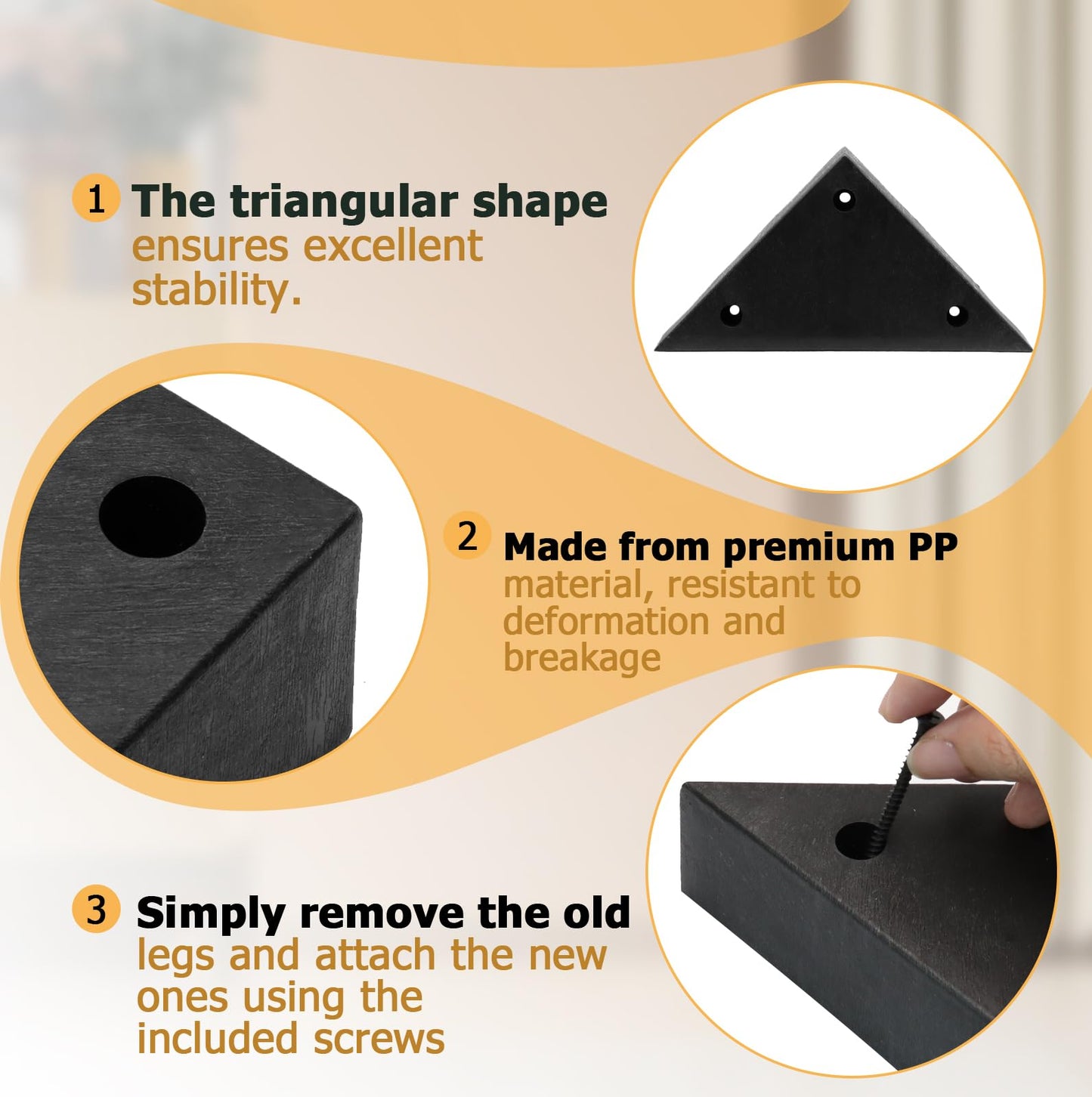 Hordion 8PCS Triangle Couch Legs Replacement, Plastic Furniture Legs Black Sofa Feet with Screws for Chair Coffee Table Cabinet, 5.71"×5.71"×1.6"