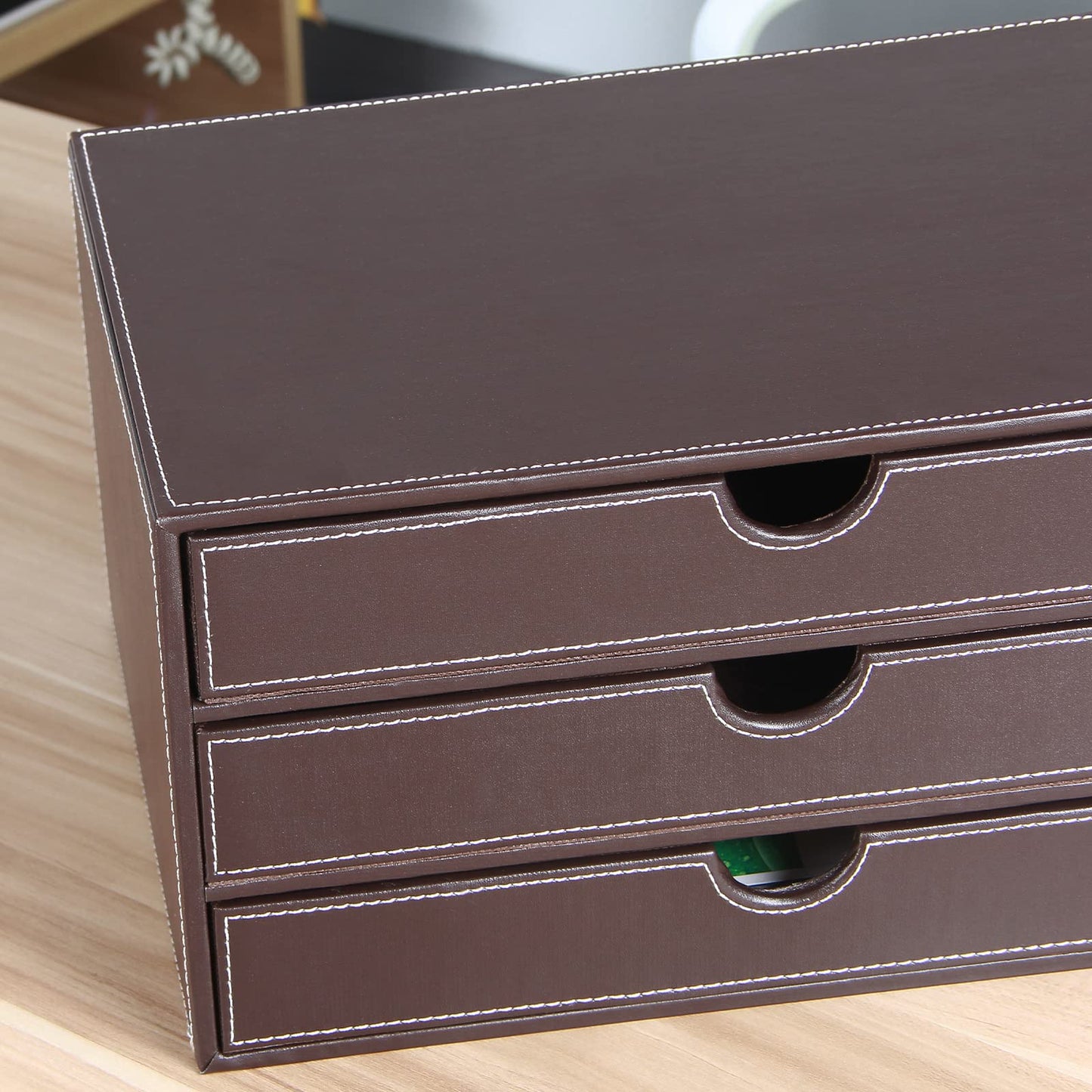 XNONE PU Leather Desk Organizer with 3 Drawers,Executive Office Supplies Desktop Filing A4 File Cabinet/Holder for Jewelry/Bill/Paper/Documents/Makeup Home Decor Stationery Storage Box,Brown