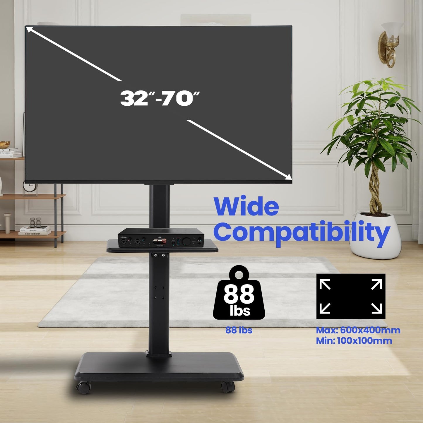 FAHKNS Mobile TV Stand with Power Outlet, Tilt and Swivel Mobile TV Cart for 32-70 inch TVs up to 88 lbs, Height Adjustable Portable Rolling Monitor Stand on Wheels, Max VESA 600x400mm, Black