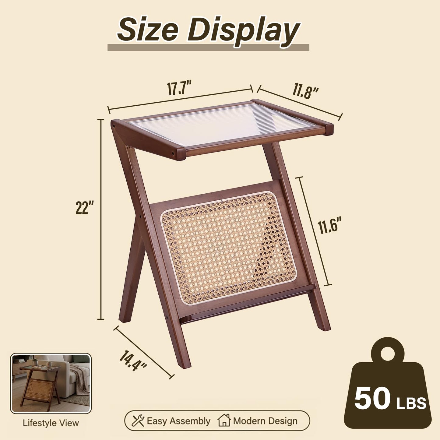 Tiita 2 Pack Rattan Side Table, Mid Century Nightstand, Bamboo Accent Bedside Tables, Glass Coffee Tables, Boho Wooden End Table with Storage for Small Space, Living Room and Bedroom