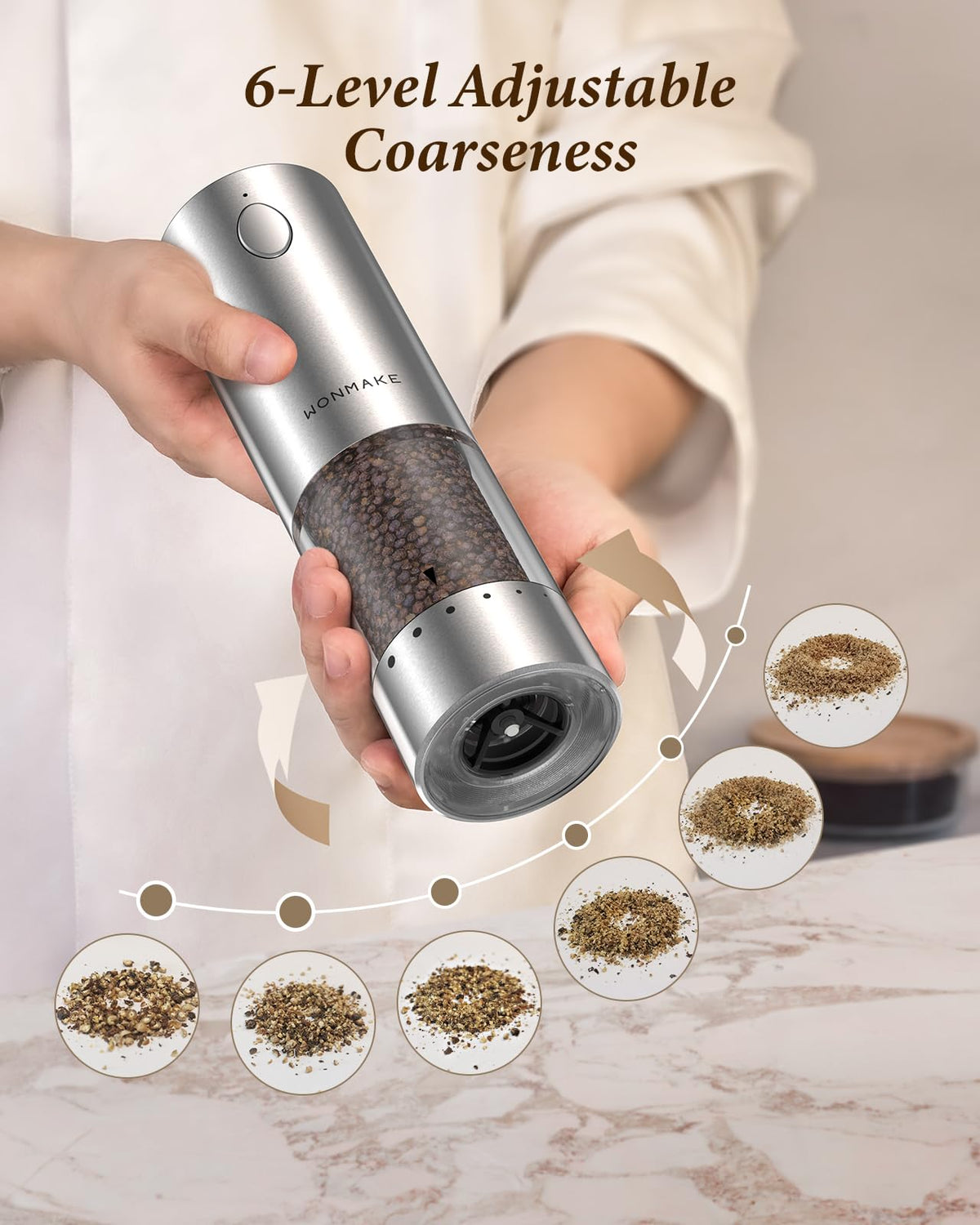 Electric Salt and Pepper Grinder Set - Automatic Refillable Salt and Pepper Grinders with Charging Base & LED Light, 6-Level Adjustable Coarseness with External Dial, Ideal Kitchen Gadget，Silver