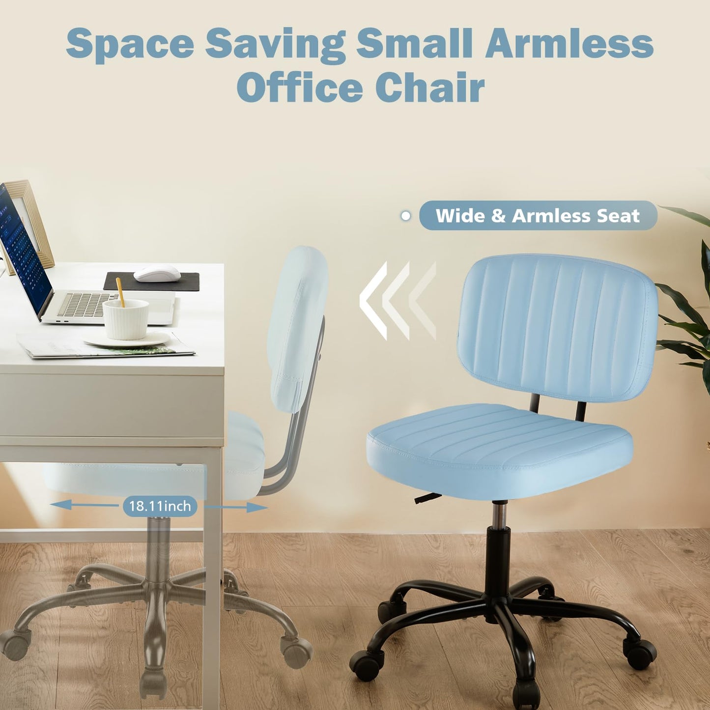 DUMOS Armless Home Office Executive Chair - Small Desk Chair with Low Back Lumbar Support, Height Adjustable PU Leather Computer Task Chair with 360° Swivel Wheels, for Adults, Blue