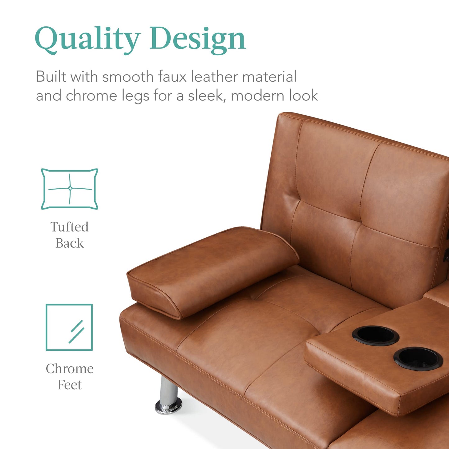 Best Choice Products Faux Leather Upholstered Modern Convertible Futon, Adjustable Folding Sofa Bed, Guest Bed w/Removable Armrests - Tan