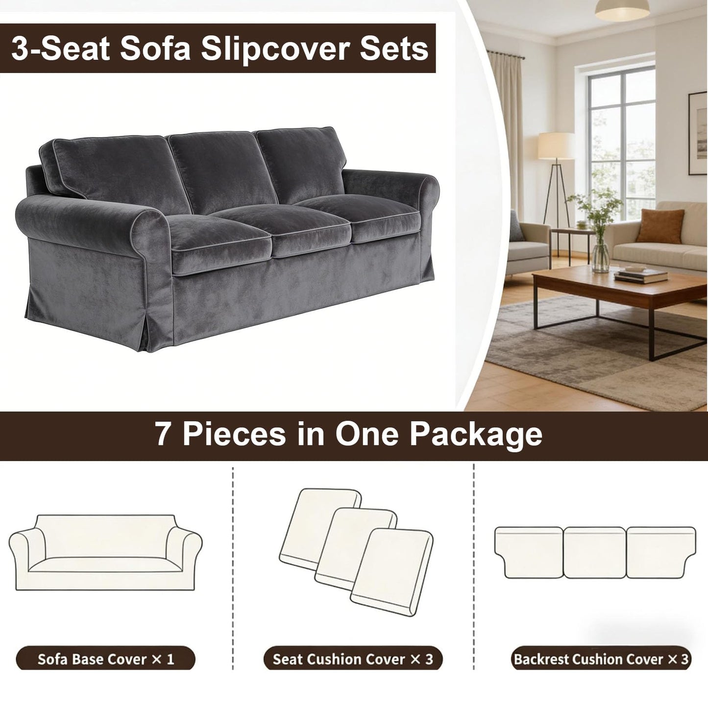 Velvet Pet-Friendly Replacement Sofa Cover Compatible for IKEA Ektorp 3 Seat Sofa Slipcovers, Couch Cover Only, 7-Piece Slipcover, Grey, Couch Cover Not Include The Sofa Body