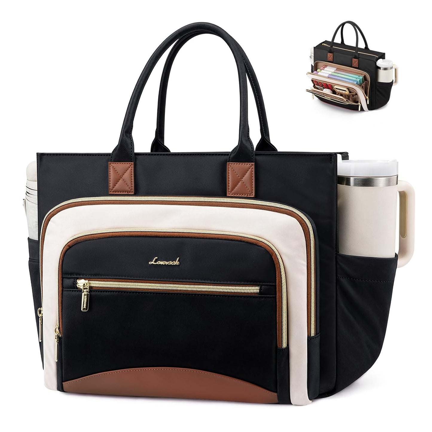 LOVEVOOK Work Tote Bags for Women,Laptop Tote Bag for Women With Large Cup Holder,Teacher Nurse Bags With Accordion File Organizer Pocket,Multi-Pockets Professional Briefcase Business Purses Handbag
