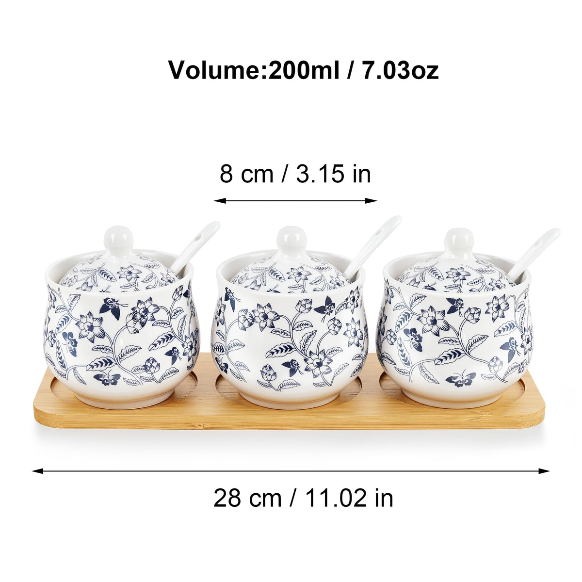 fanquare Blue and White Floral Ceramic Sugar Bowl with Lid, Spoon and Tray, Coffee Sugar Canister Set of 3, Seasoning Box Salt Bowl for Kitchen, 9.5 Ounces