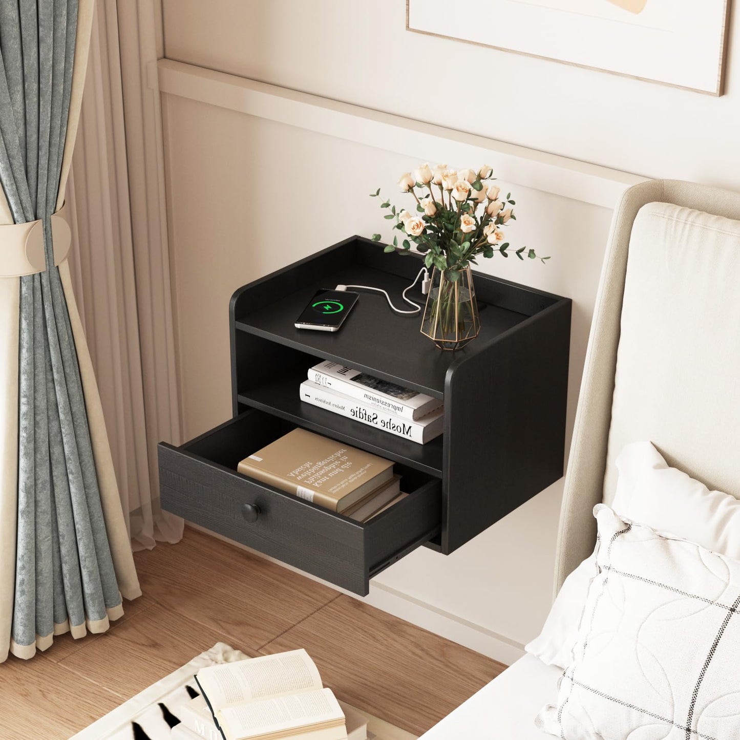 Floating Nightstand Set of 2 Modern Night Stands with Drawer and Open Shelf Cubby Small Bedside End Table with Charging Station Wall Mounted Nightstands Set 2 for Bedroom Black