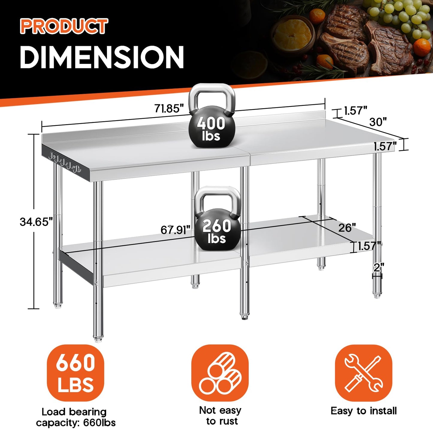 30x72in Stainless Steel Prep Table - NSF Certified Metal Surface with Adjustable Undershelf, Hooks & Backsplash for Home, Restaurant, Hotel & Garage Use