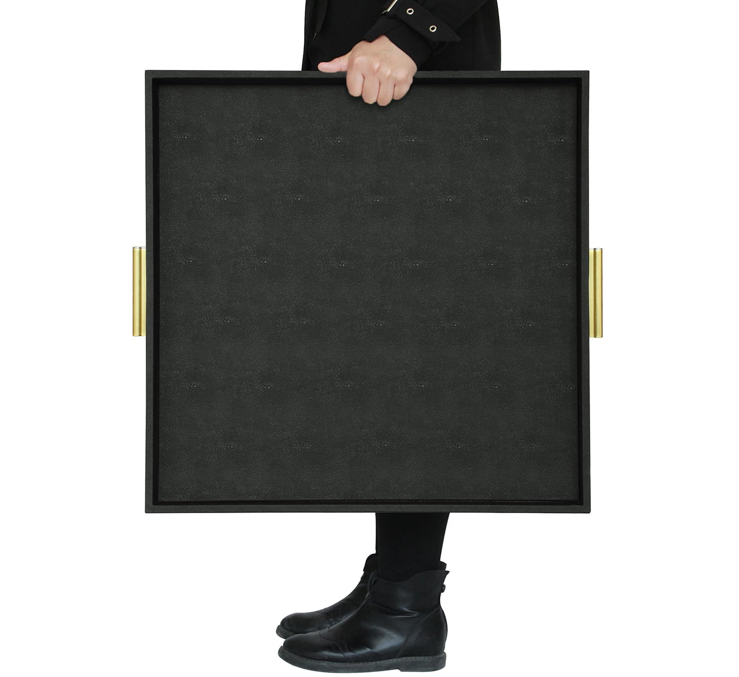 HofferRuffer Extra Large Square Serving Tray, Elegant Faux Leather Ottoman Tray with Gold Hardware Handles, Serve Tea, Coffee or Breakfast in Bed, 24 x 24 inches (Black Shagreen)