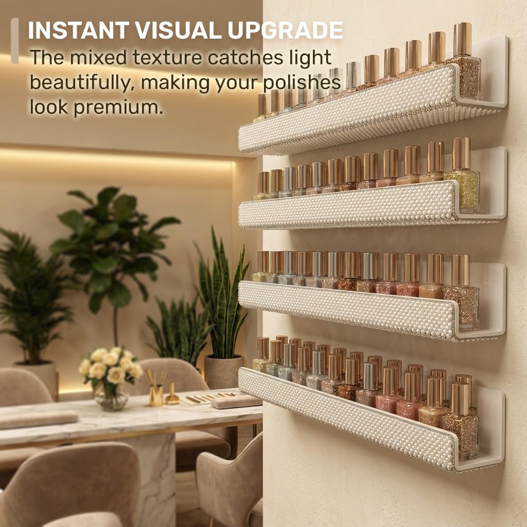 4 Pack 15 Inch Nail Polish Wall Rack，Pearls Crystal Rhinestone Acrylic Nail Polish Organizer，Sunglasses Essential Oil Picture Display Storage Wall Shelf