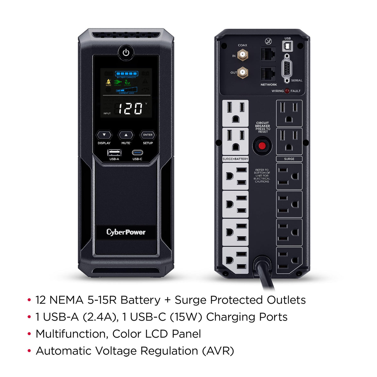 CyberPower CP1500AVRLCD3 Intelligent LCD UPS System, 1500VA/900W, 12 Outlets, 2 USB Ports, AVR, Mini Tower, Black