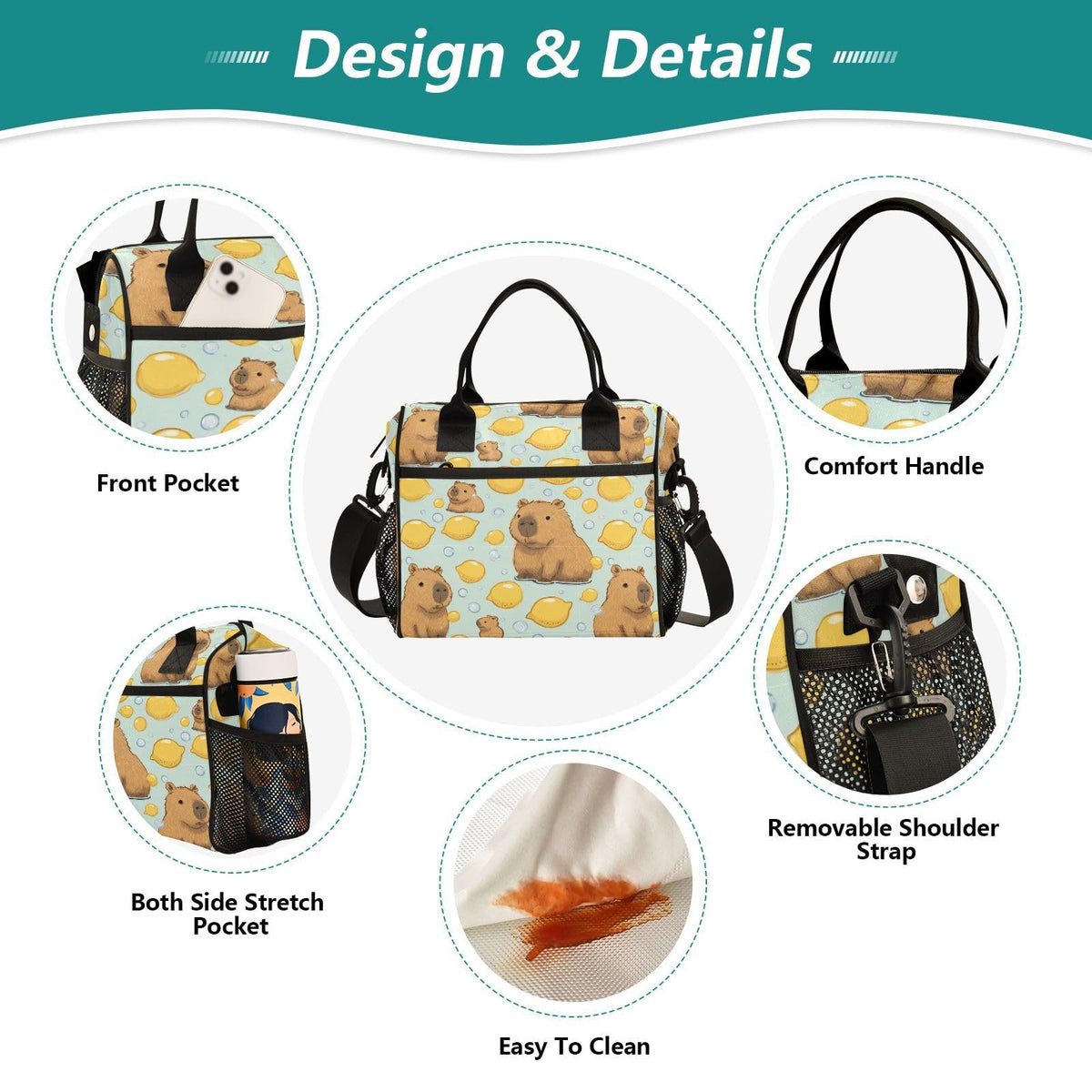 Boccsty Cute Capybara with Lemon Kids Reusable Lunch Box Boys Girls Insulated Lunch Bag Women Men Cooler Tote Bag Organizer Meal Prep for School Office Picnic M