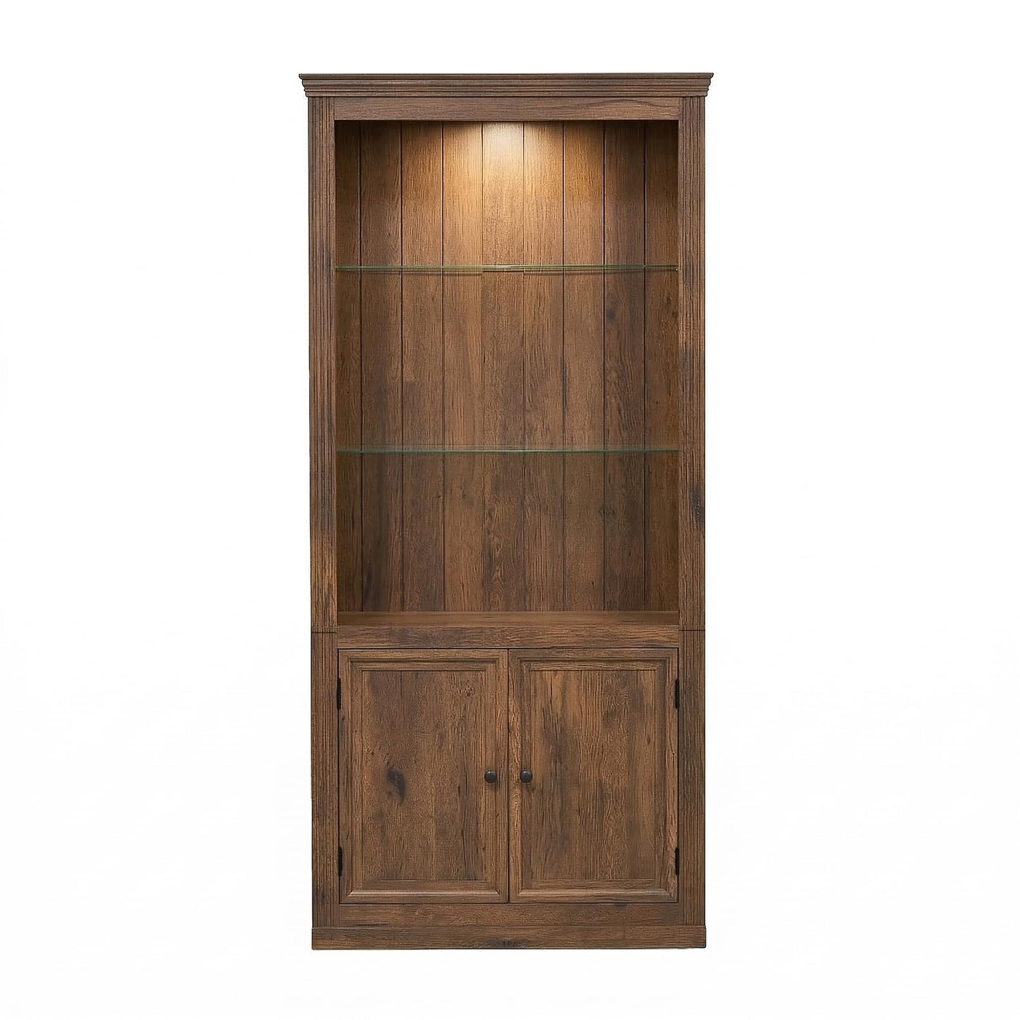Merax Brown Narrow Bookshelf 35" Wide 79" MDF Tall Bookcase Collection Books Storage Cabinet with Single Color Ceiling Light for Living Room, Home Office, Studio