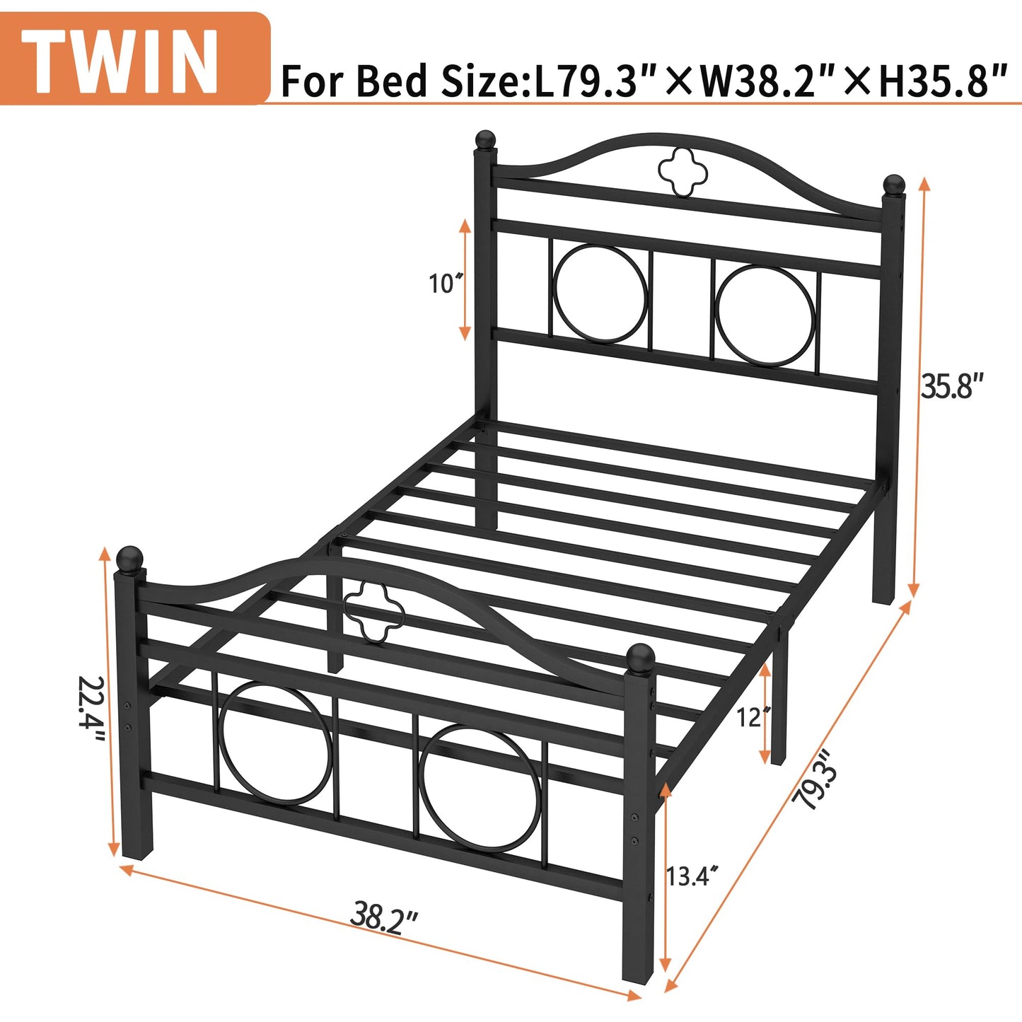 Vcaleets Twin Bed Frame with Headboard,Heavy Duty Steel Slats Support Mattress Foundation-Under Bed Storage, No Box Spring Needed, Noise Free