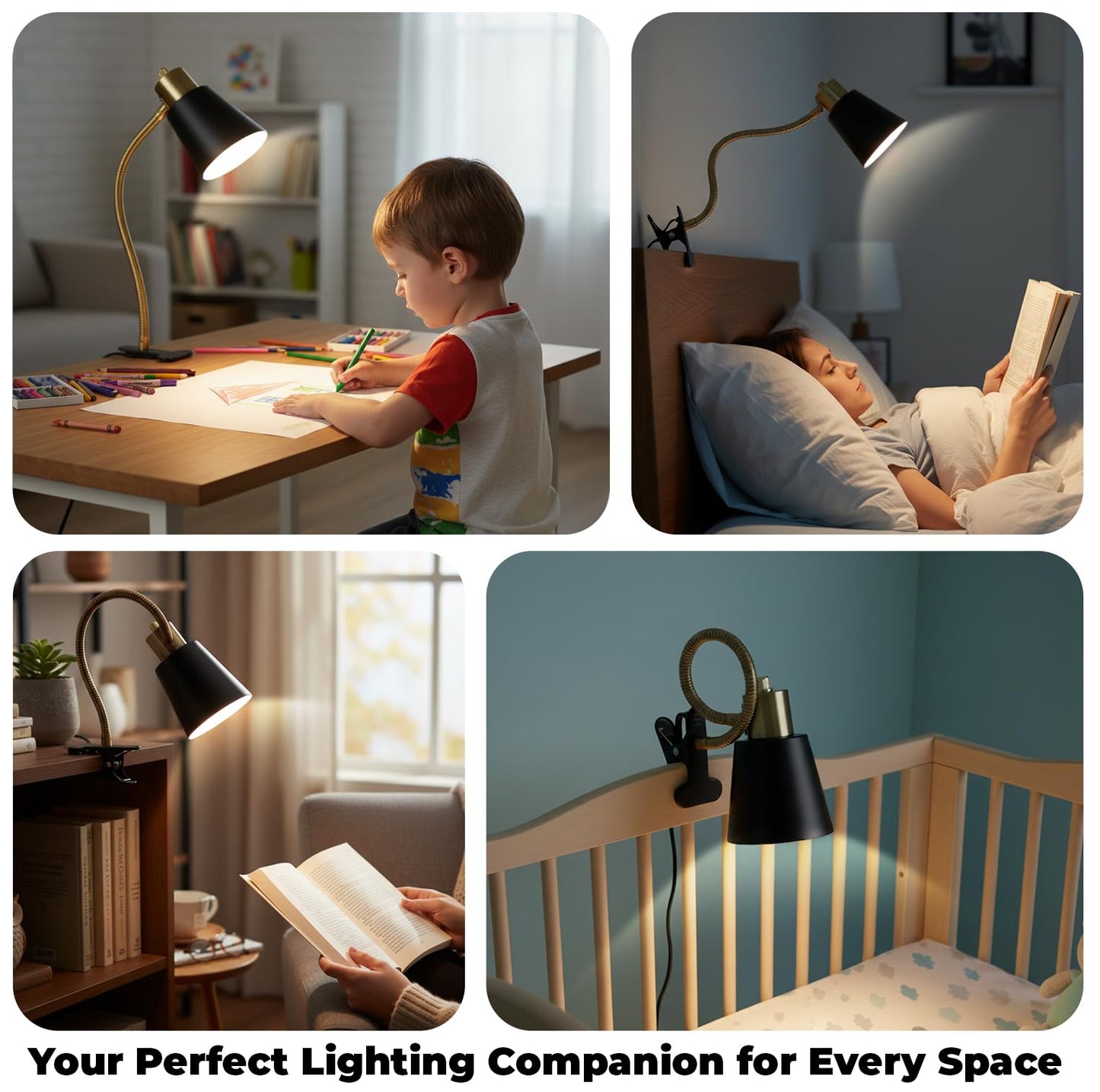 Desk lamp Eye-Caring Table Lamps, 360°Rotation Gooseneck Clip on Lamp Reading Light, Portable Reading Book Light, Clamp Light, Study Desk Lamps for Bedroom and Office Home Lighting (Black and Gold)