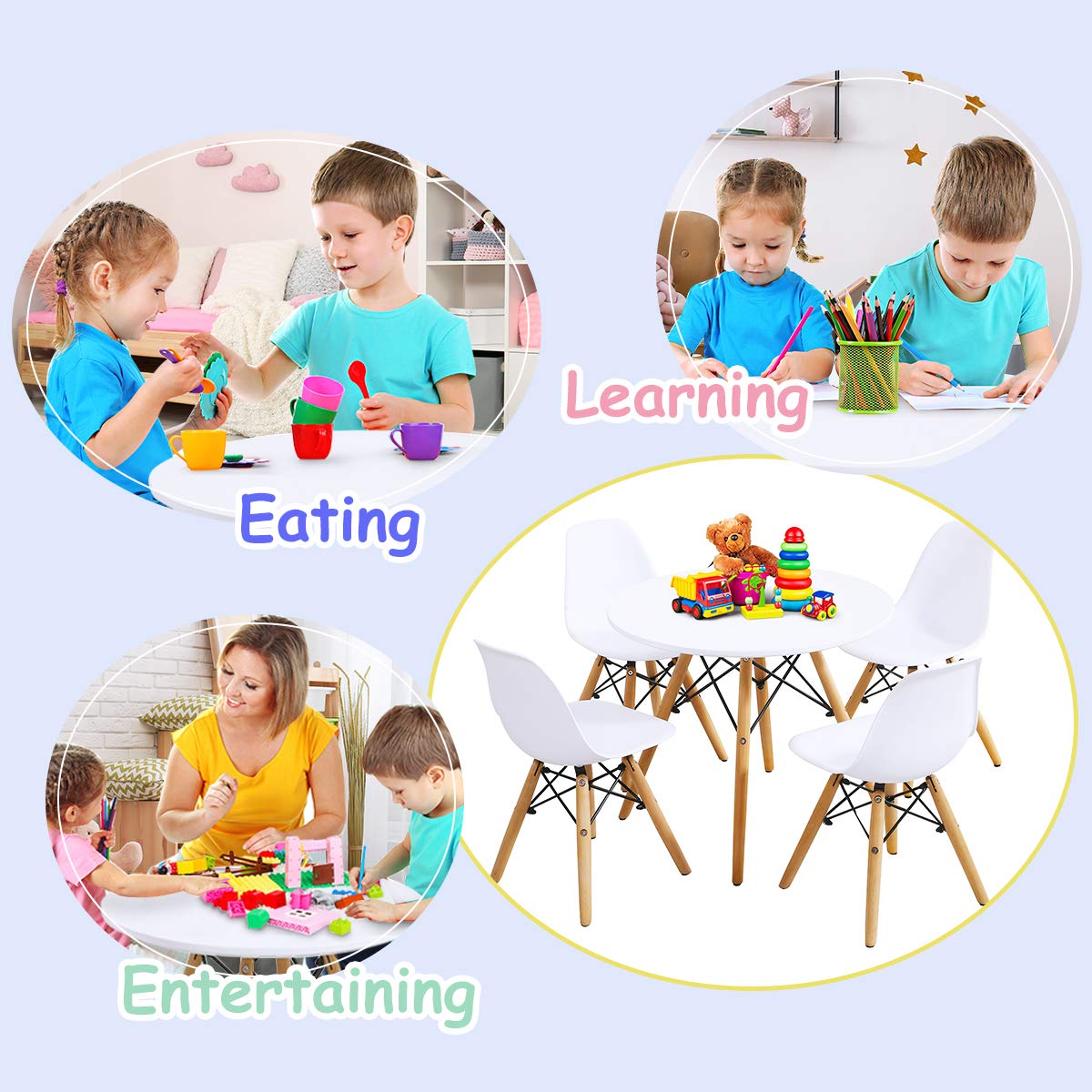 Costzon Kids Table and Chair Set, 5 PCS Mid-Century Modern Style Kids Desk Set w/Wood Legs, Iron Frame for Dining Drawing Playing & Strong Bearing Capacity, Toddler Table and Chairs (White)