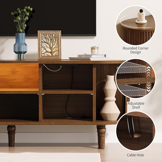 TV Console with Power Outlet-55 Entertainment Center with Sliding Tambour Door