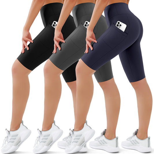 SUNCLOVE 3 Pack Biker Shorts for Women Tummy Control Workout Yoga Gym Running Shorts with Pockets