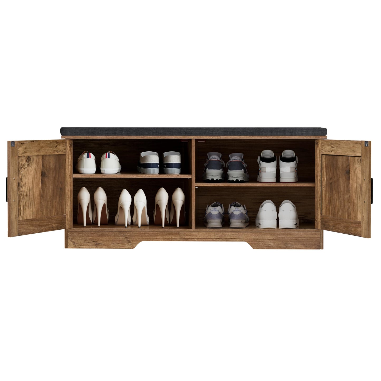 HOMSHO 2-Tier Storage Bench, 39.4" Wide Shoe Bench with Padded Seat Cushion, Entryway Bench with 2 Barn Doors and Adjustable Shelf, Rustic Walnut