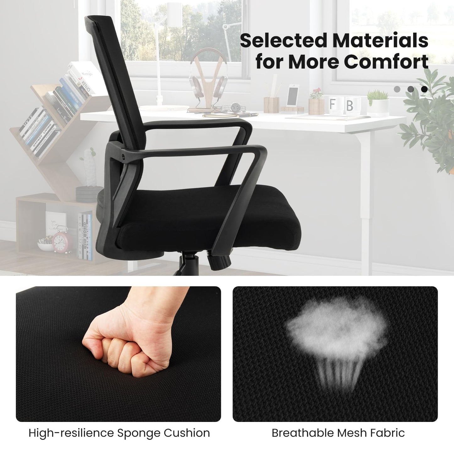 Giantex Office Desk Chair with Lumbar Support, Ergonomic Mesh Office Chair with Wheels and Armrests, Mid Back Rolling Swivel Adjustable Task Chair, Executive Computer Chair for Home Office, Black
