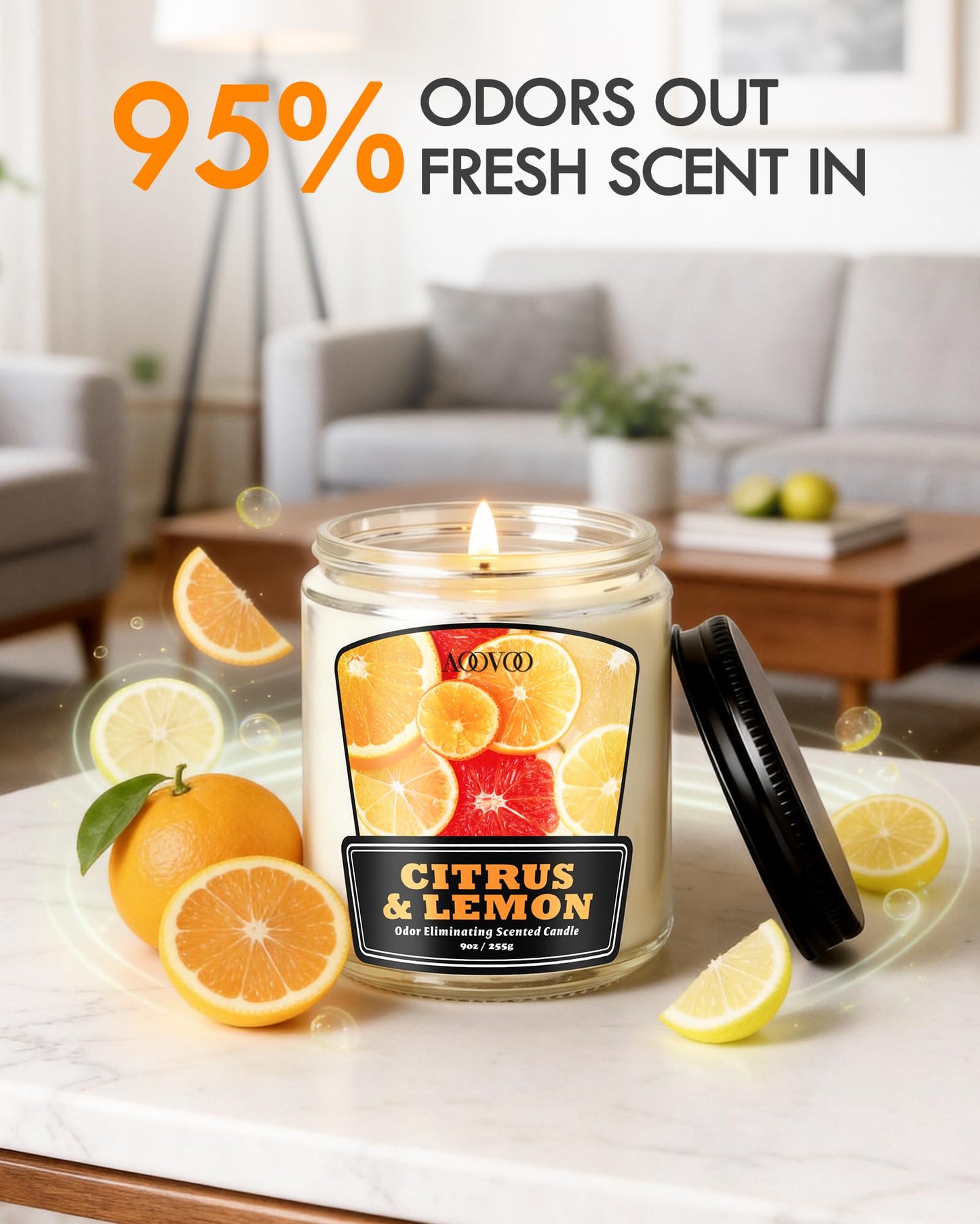 AOOVOO Citrus Lemon Odor Eliminating Candle - 9 oz Non Toxic Highly Fragranced Air Freshing Soy Candle, Eliminates 95% of Smoke, Pet, Food, and Other Smells Quickly, Up to 50 Hours Burn time