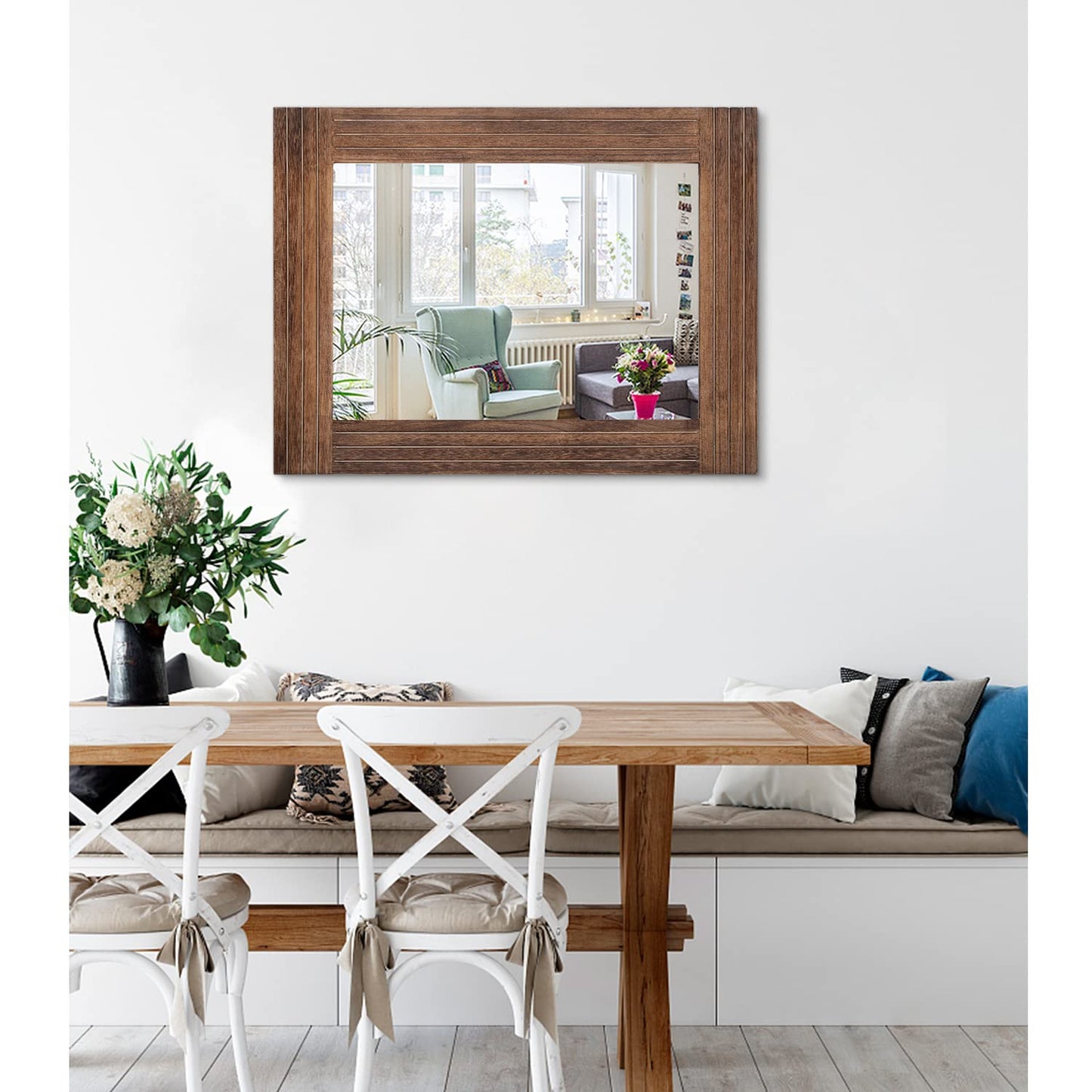 HLFMVWE Rustic Mirror Wooden Rectangular Antique Wall Mirror Frame Decor Farmhouse Bedroom Dresser Bedroom Entryway Mirror Large Brown 26"x18"
