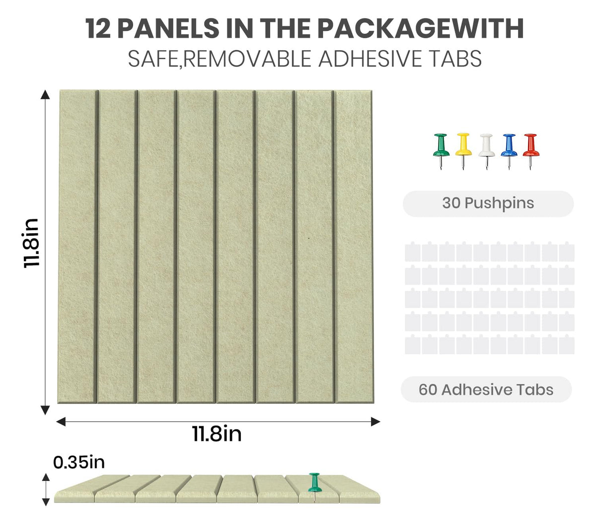 Large Cork Board Alternative 48” X 36” Felt Bulletin Board Tiles, with 30 Pushpins, 60 Adhesive Tabs,12-Pack Slat Wall Paneling, Cork Boards for Office Push Pin Board Felt Board - Sage