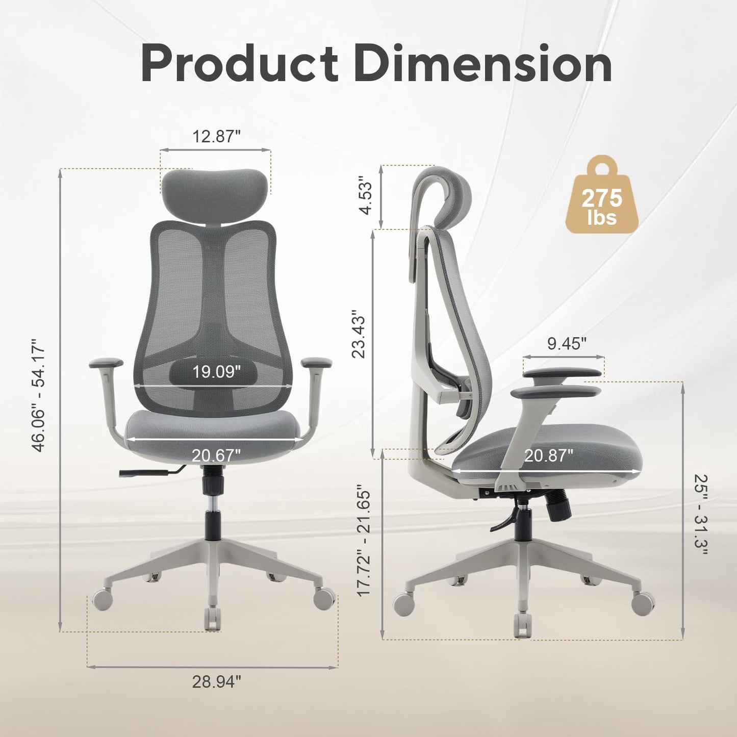 Nouhaus Fluido Ergonomic Office Chair, High Back Mesh Computer Chair w/Height Adjustable Lumbar Support, Backrest & Headrest, Dynamic Back Support, 3D Armrests, Home Office Desk Chairs Comfy (Grey)