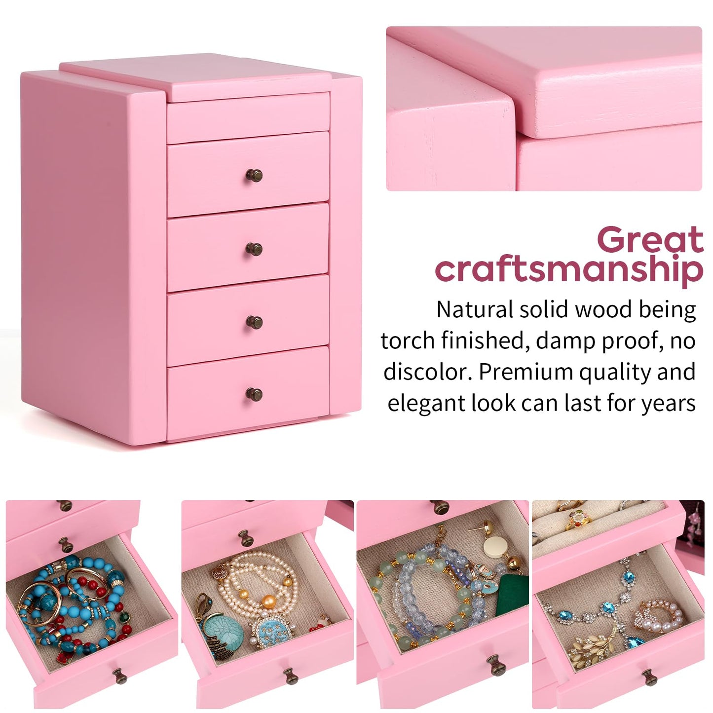 Meangood Jewelry Box Wood for Wowen, 5-Layer Large Organizer Box with Mirror & 4 Drawers for Rings, Earrings, Necklaces, Pink