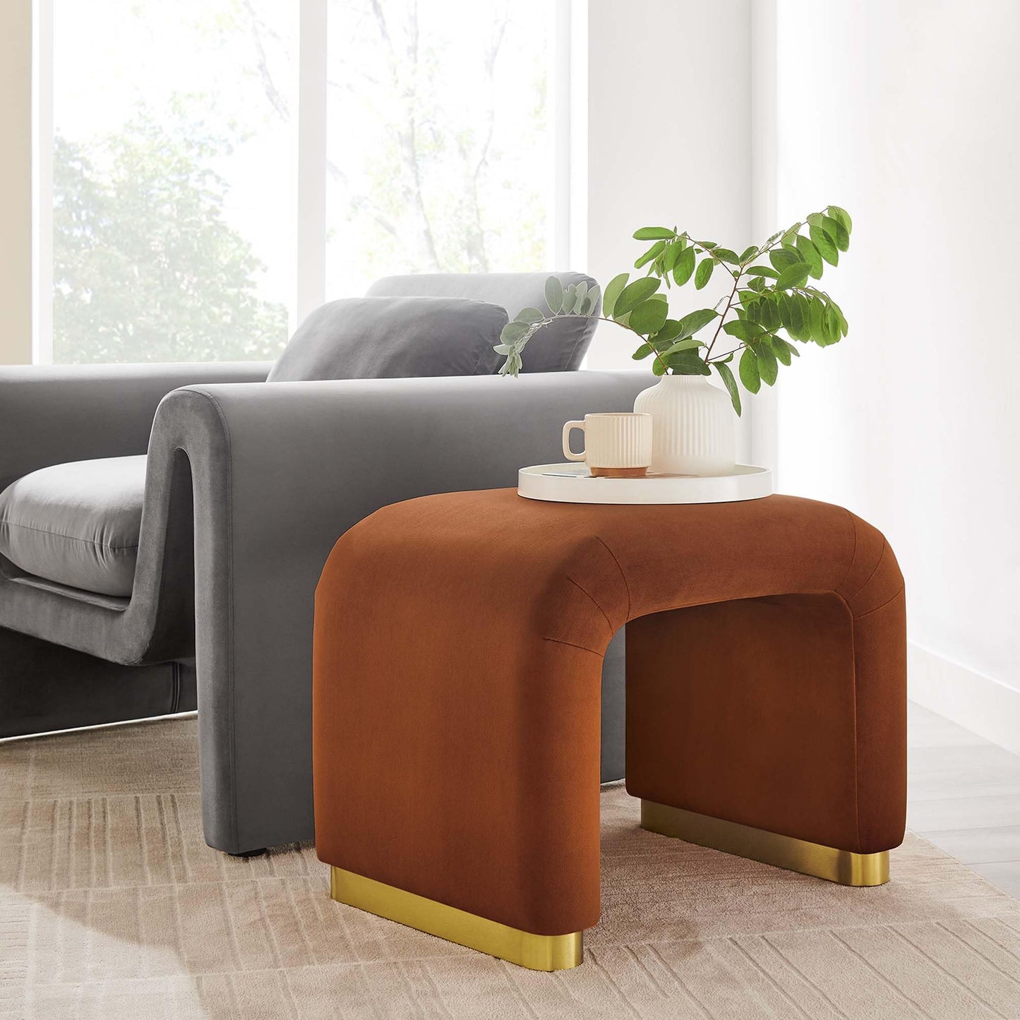 Modway Koda 24" Performance Velvet Upholstered Waterfall Stool or Side Table in Brass Rust, 24 Inches