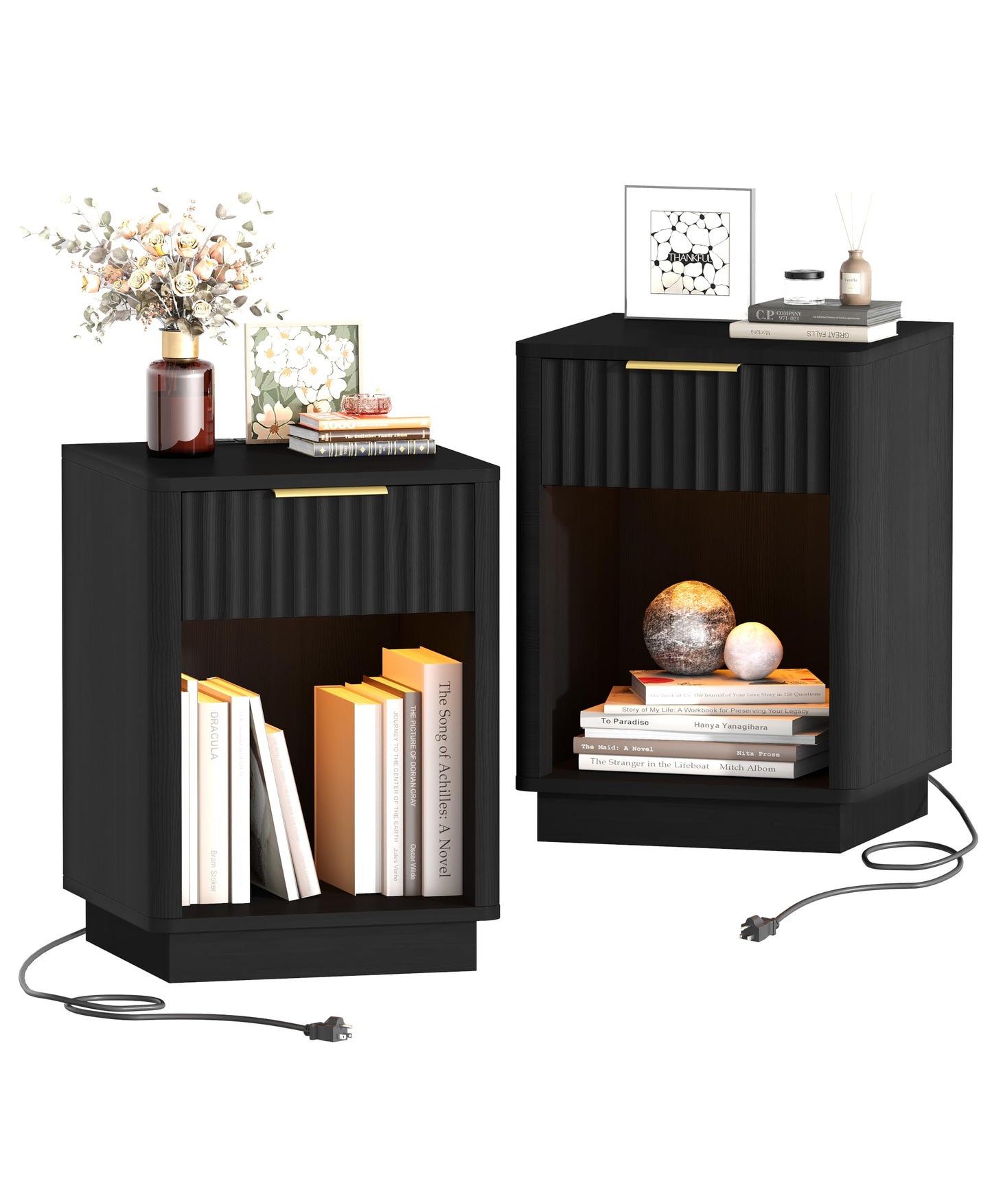 Akxomel Fluted Nightstands Set of 2, Wooden Night Stand with Charging Station and LED Light, Modern Mid Century End Table with Drawer, 15" D x 15.7" W x 22.6" H, for Bedroom, Black