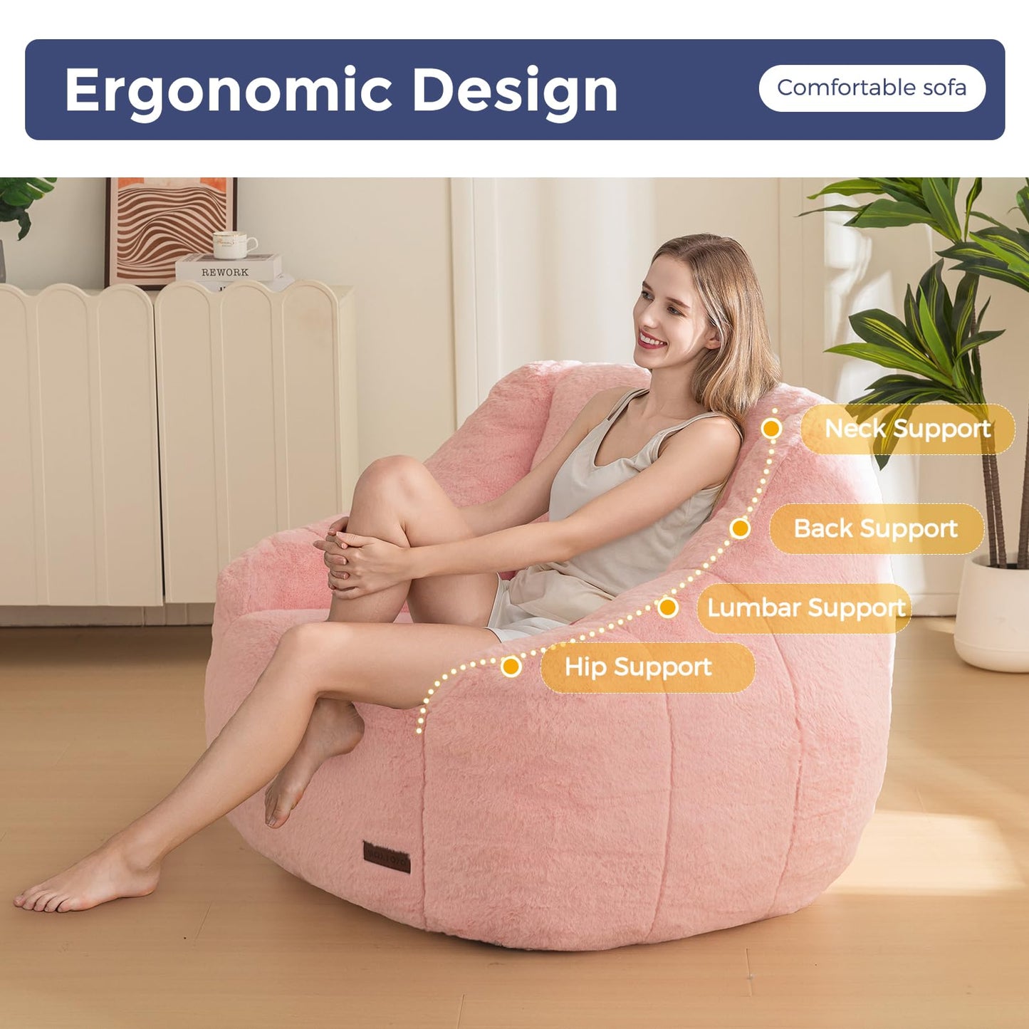MAXYOYO Bean Bag Chair, Comfy Bean Bag Sofa with Back Support, Faux Fur Bean Bag Chair for Adults and Kids, Stuffed Floor Sofa for Living Room, Bedroom, Apartment, Pink